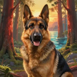 beautiful painting from the anime film by studio ghibli, German Shepherd, golden hour, backlit, 8k octane 3D render, redwood forest and mystical ocean, fur, japanese popsurrealism by murakami
