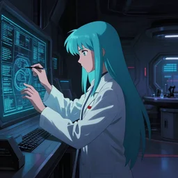 in the style of cyberpunk late 8 0's dark moody anime movie still : : dystopian hall art : : long cyan haired science girl researcher : : somber far future lab background interior : : calm studying cyber board