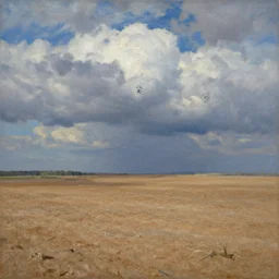 landscape view of dry and barren field of dirt, clouds of hollow screaming faces in the sky, impressionist artpiece