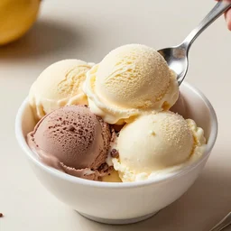 an icecream bowl with lots of flavors and there is a spoon scooped in