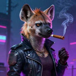 digital painting of anthromorphic hyena female smoking cigarrete, female hyena fursona, furry fandom, furaffinity, neon rainy cyberpunk setting, anthro, wearing cyberpunk leather jacket, detailed face, blade runner, zootopia style,