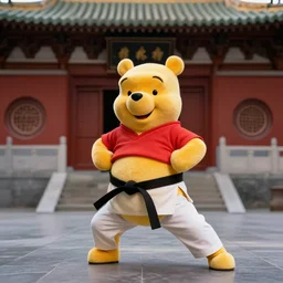 Winnie the Pooh practicing karate at the Shaolin temple, photorealistic, studio lighting, photographed in the style of Annie Leibovitz, photorealistic, trending on artstation