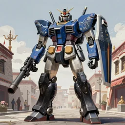 painted image of black - blue colored gundam giant robot, holding huge cannon, standing in the middle of the tibetan town street, upper body, fantasy intricate elegant extremely detailed digital painting trending artstation concept art sharp focus illustration art by gustave courbet greg rutkowski craig mullins