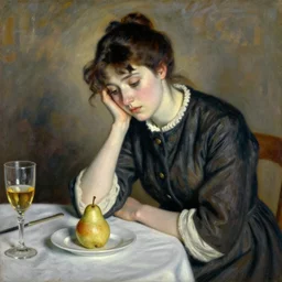 vintage beautiful painting of a sad woman sitting at the dinner table looking at a pear in Mary Cassatt style