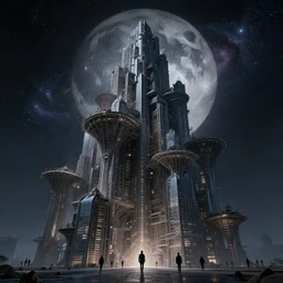 towering complex fractal city machine, mysterious figures walking around, dark galaxy moonlit background by jim burns