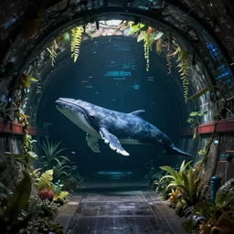 a whale swimming alone, in an empty dark flooded london underground tunnel, overgrown with aquatic plants, digital art, artstation