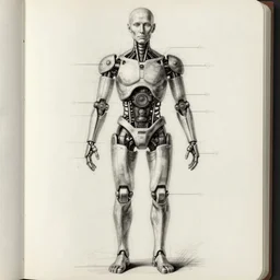 half human half organic robot anatomy sketch by Leonardo da Vinci, sketchbook, highly detailed, symmetrical, full shot
