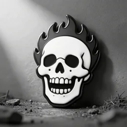a black and white retro minimalistic laughing joyful skull with fire flame enamel pin