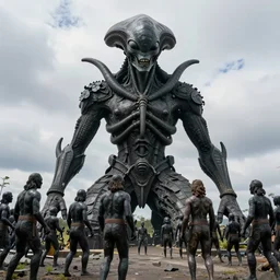 giant sculpture of eldrich alien god, made of black stone, worshipped by crowd of neanderthals