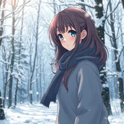 upper - body highly detailed anime girl by davinci walking through snowy forest, beautiful and stunning eyes and face, pretty, pixiv, by makoto shinkai