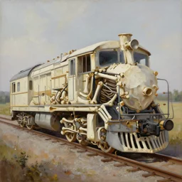 oil painting of a train completely made out of bones