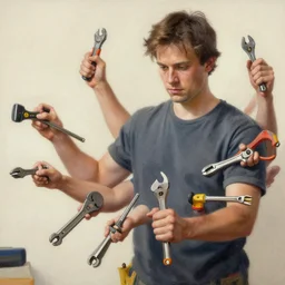 detailed painting of a young man with many arms and hands using many stanley tools