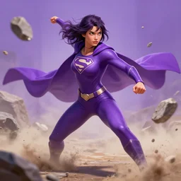 superhero. young woman. purple color scheme. action. digital art. trending on artstation. earth and stone powers. dust.