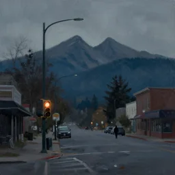 painterly, messy, ominous landscape of north bend, washington main street, dark, lonely stop light glowing, twin peaks, lone dark figure