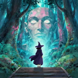 a detailed illustration of a witch seen from the back on top of stairs, a magical forest with giant trees, looking at a gigantic face of a rock statue, cool shades of cyan and pink, by ghibli, by akihiko yoshida