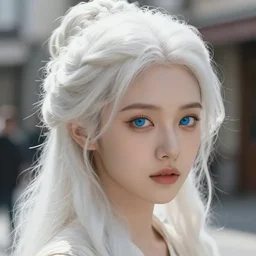 detailed portrait of perfect white intricate haired girl, hairstyle street, 1 9 century, beautiful, pretty face, blue eyes, innocent,, 4 k, sun yunjoo, realistic, highlights, cinematic lighting, highly detailed, sharp focus, artstation, masterpiece, art by hyungjin yang and akihiko yoshida and ruan jia