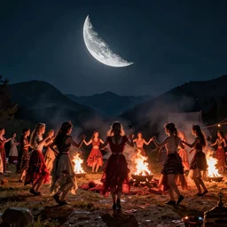 a very high resolution image from a new movie. an half moon in the mountains while young women dance in the firelight at the satanic ritual, 2 4 mm, photorealistic, photography, night directed by wes anderson