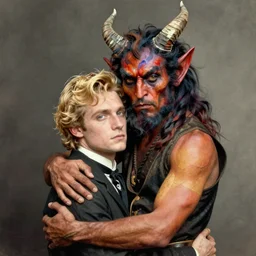 colorful portrait of horned devil hugging 1 blonde man, 1 8 0 0 s victorian photo, hand coloured photo, cinematic lighting, atmospheric, realistic, octane render, dramatic lighting, highly detailed, cinematic, by joel peter witkin and hieronymus bosch