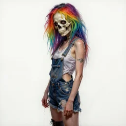 mixed media painting of a grungy skull woman with rainbow hair, soft eyes and narrow chin, dainty figure, torn overalls, short shorts, combat boots, basic white background, side boob, wet tshirt, wet, raining, 8 k octane beautifully detailed render, post - processing, portrait, extremely hyper - detailed, intricate, epic composition, cinematic lighting, masterpiece, trending on artstation, very detailed, masterpiece, stunning,