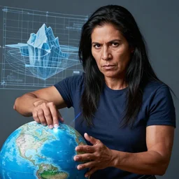 epic portrait of slightly muscular indigenous visionary sheila wattcloutier serious wearing tshirt instructor uniform laser pointing on globe, blueprint iceberg, detailed, artstation, concept art, donato giancola, joseph christian leyendecker, wlop, boris vallejo, dark eyes, highest resolution, extremely detailed beautiful, establishing shot, artistic, hyperrealistic, beautiful face, enhanced hands, octane render