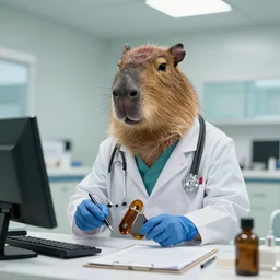 a capybara dressed as a physician working at a hospital