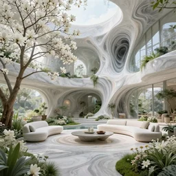 highly detailed villa garden natural beautiful light interior soft cinematic composition of a biophilic granite nebula fluid white magnolias surreal scifi futuristic architecture cyberpunk landscape, furniture, trees, grass, bed of flowers, water, vincent callebaut composition, 8 k, unreal engine, hdr