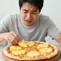 man crying while placing pineapple slices on a pizza, photo
