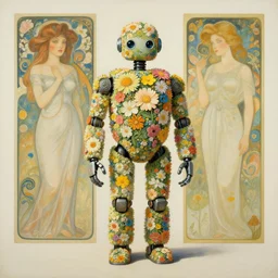 a beautiful surreal painting of a robot covered with flowers by simon stalenhag and pascal blanche and alphonse mucha!! and nekro and josan gonzalez. in style of digital art. colorful comic, film noirs, symmetry, brush stroke, vibrating colors, hyper detailed. octane render. trending on artstation