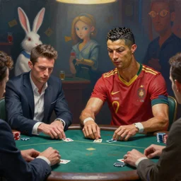 hyper detailed 3d render like a Oil painting - Cristiano Ronaldo  playing poker with a bunny by Jacek Yerka, Mariusz Lewandowski, Houdini algorithmic generative render, Abstract brush strokes, Masterpiece, Edward Hopper and James Gilleard, Zdzislaw Beksinski, Mark Ryden, Wolfgang Lettl, hints of Yayoi Kasuma, octane render, 8k