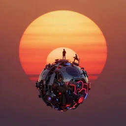 Double Sunset on a mechanical neon planet, large  twin sunset, cinematic, rendered by simon stålenhag, rendered by Beeple, Makoto Shinkai, syd meade, star wars, inspired by Gundam, environment concept, digital art, unreal engine, 3 point perspective, WLOP, trending on artstation, low level, 4K UHD image, octane render,