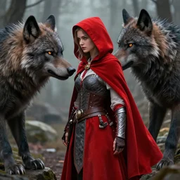 beautiful red riding hood warrior confronting a werewolf ,highly detailed, 8k, HDR, award-winning, trending on artstation, octane render