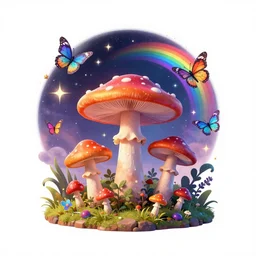 psychedelic mushrooms, enchanted cosmic forest, mushrooms on the ground, small fairies, stars in the sky, butterflies, rainbows, psychedelic, wide angle shot, white background, vector art, behance hd by lois van baarle, by helen huang and frank frazetta