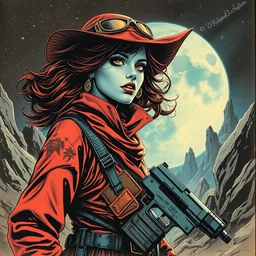 a deadly female bounty hunter ; space western vibes ; by francois schuiten, by dan hillier, by paul pope, by artgerm