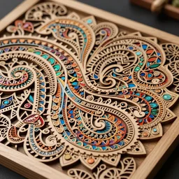 a stunning ultra detailed intricate lasercut wooden relief sculpture made of tiny repetitive colorful paisley patterns, curvy fractals, embryogenesis by gabriel shama, balinese woodwork, artstation, deep depth of field, volumetric lighting, 3 d model, 8 k, dark background, 2 0 mm lens