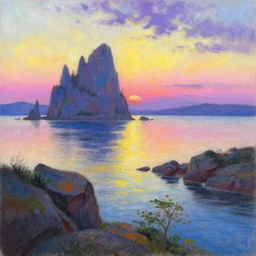 a landscape pastel in the style of noriyoshi ohrai and bob ross of rocky islands, dawn. key art. 4 k fantasy