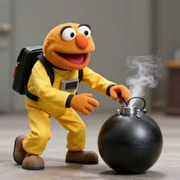 muppet puppet gonzo in a bomb diffusion suit defusing a bomb. action movie scene photograph.