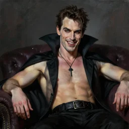 wilem defoe sexy vampire man oil painting gothic couch eyebrow raised smile, realistic photography 4 k high resolution beautiful studio portrait detailed sparkles