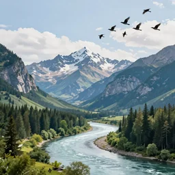 A majestic landscape featuring a river, mountains and a forest. A group of birds is flying in the sky. There is a dog and an old man standing, wearing a backpack and staring at the sunset. Cinematic, very beautiful, pencil drawing