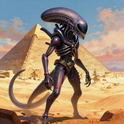 an epic fantasy comic book style portrait painting of a big xenomorph - sphinx of gizeh on an desert alien - planet, studio ghibli, unreal 5, daz, hyperrealistic, octane render, cosplay, rpg portrait, dynamic lighting, intricate detail, harvest fall vibrancy, cinematic
