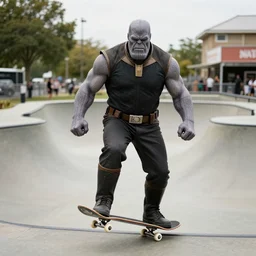 goth thanos on a skate, street photography, in a skate park
