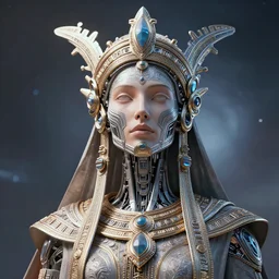 highly lifelike beautiful divine tribal high priestess with regalia adornments wide hdr whole infinite capsule apparent with awe an idea seep's into infinity, face axonometric mechanical fantasy intricate elegant, in void of latent space, volumetric lighting 3 d modelling h 5 1 2