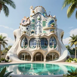 highly detailed futuristic  architecture by Antoni Gaudí and Zaha Hadid, reflective lighting, tropical vegetation, ground-level view, puddles turquoise of water, stunning sunny lighting, sunrise, vivid colors, in the style of pixar animation, trending on Artstation, 8k, matte painting, ray tracing, hyper detailed, unreal engine 5, cinematic, epic lighting, cryengine, octane render, cyberpunk, red and orange glow, vibrant