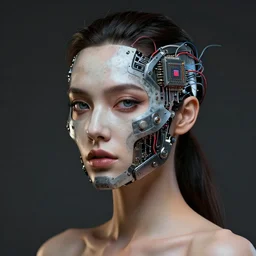 sexy beautiful woman head made of mech mask rendered in unreal engine, cyberpunk, microchips, wires comming from core processor scifi, painted by david burliuk | bernard buffet | carne griffiths | wlop