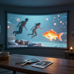 3 d floating people dream popping out of curved movie screen, volumetric lighting, bedroom, sleeping, pair of keycards on table, bokeh, big glowing fish, creterion collection, shot on 7 0 mm, instax