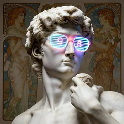 a detailed marble sculpture of the statue of david wearing glowing neon slotted 1 9 8 0 s glasses, vaporwave style, pixv, artstation, masterpiece, 8 k, art by greg rutkowski and albert bierstadt and arthur rackham and alphones mucha