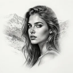 tattoo design sketch of a double exposure of a beautiful mountain scenery with a faded beautiful woman face, hyper - realistic, in the style of matteo pasqualin, amazing detail, black and white, faded