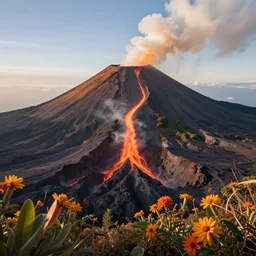 volcano spitting out flowers. professional nature photography. 8 k.