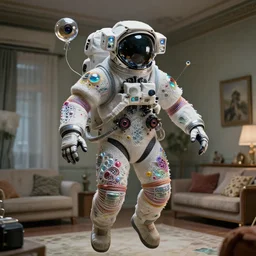 a cybernetic symbiosis of a single astronaut mech-organic eva suit made of pearlescent wearing knitted shiny ceramic multi colored yarn thread infected with diamond 3d fractal lace iridescent bubble 3d skin dotted covered with orb stalks of insectoid compound eye camera lenses floats through the living room, film still from the movie directed by Denis Villeneuve with art direction by Salvador Dalí, wide lens,kevlar,carbon fiber,ceramics,gaseous materials,