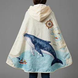 wearing a cape with a map of whales and the arctic sea on it. humpback. whales sewn on. compass stitched. boats. fabric. poncho.