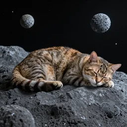 A photo of a sleeping cat on a meteor, hyper realistic